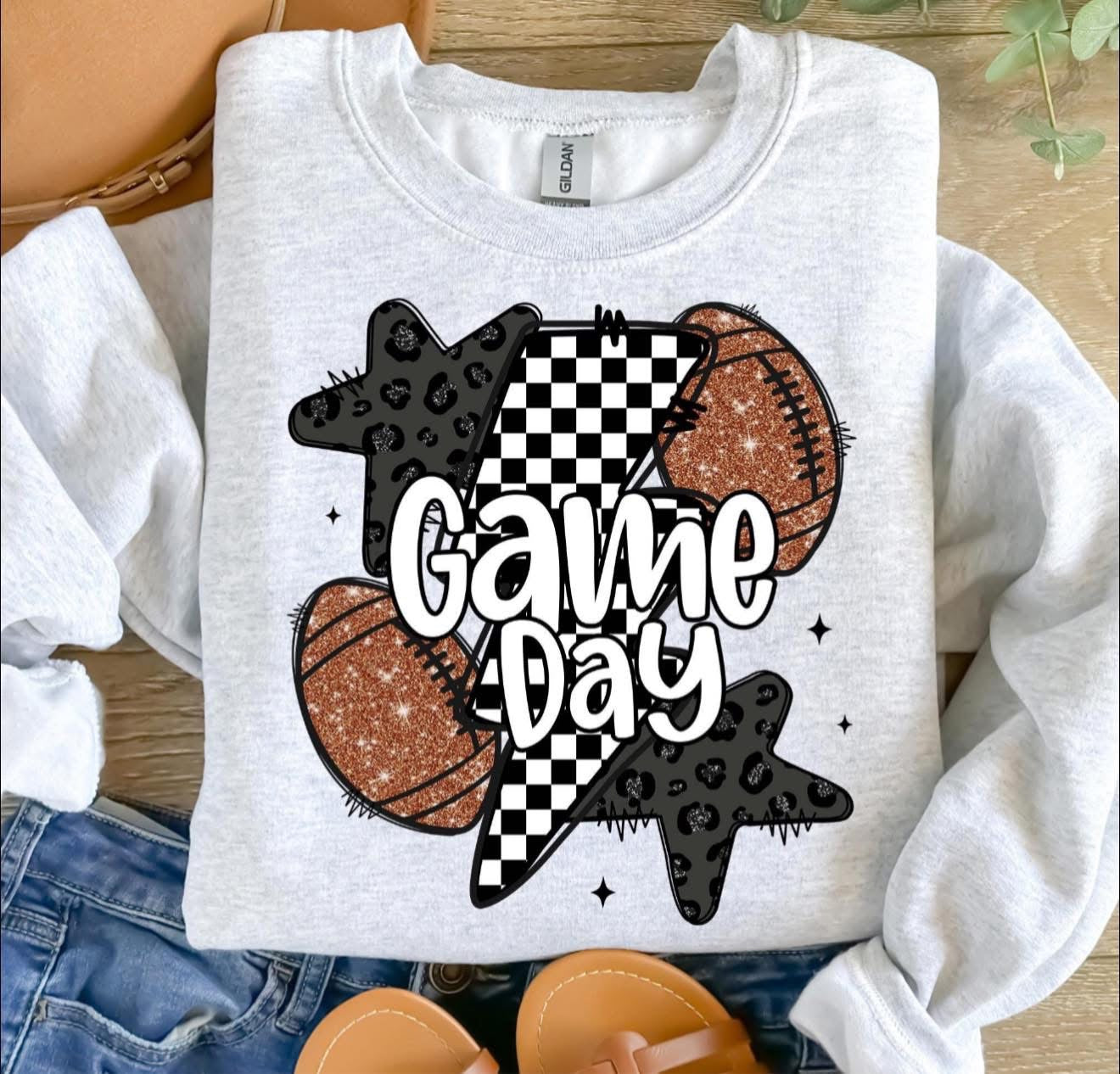Glittery Game Day with Stars, Football & Bolt - T SHIRT- (Jerzee/Gildan)