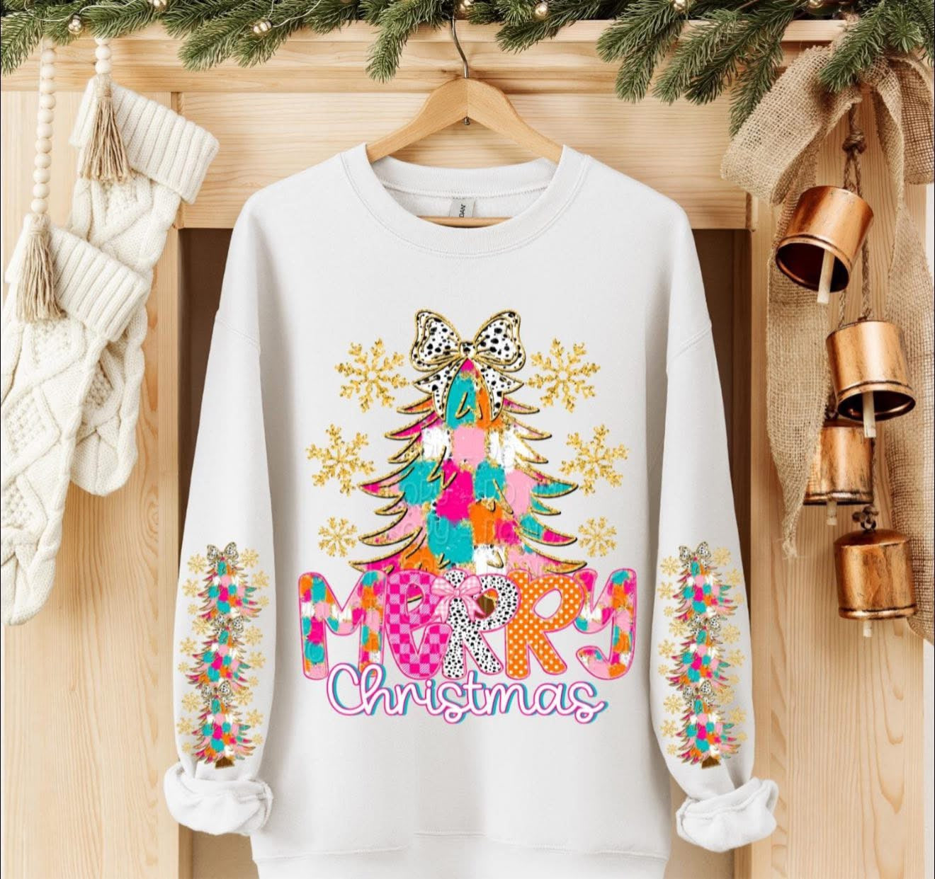 Merry Christmas with Tree with Bow, Snowflakes - SWEATSHIRT - (Gildan/Jerzee) - DOUBLE ARM DESIGN