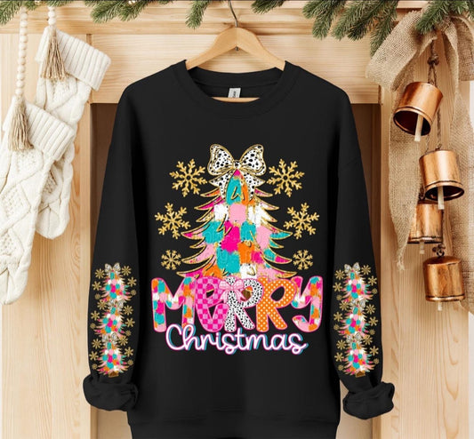 Merry Christmas with Tree with Bow, Snowflakes - SWEATSHIRT - (Gildan/Jerzee) - DOUBLE ARM DESIGN