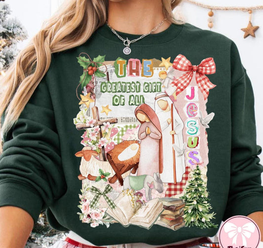 The Greatest Gift of All - Jesus Manger Scene with Red & White Bow - LONG SLEEVE - (Gildan/Jerzee)