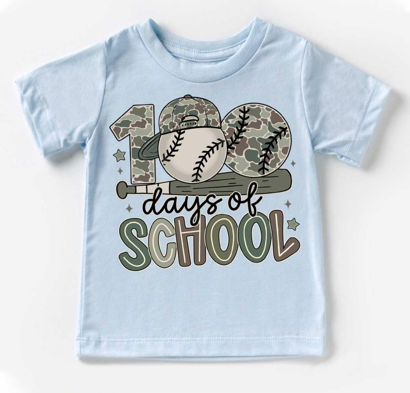 CAMO BASEBALL 100 DAYS OF SCHOOL- T SHIRT- (GILDAN/LAT)