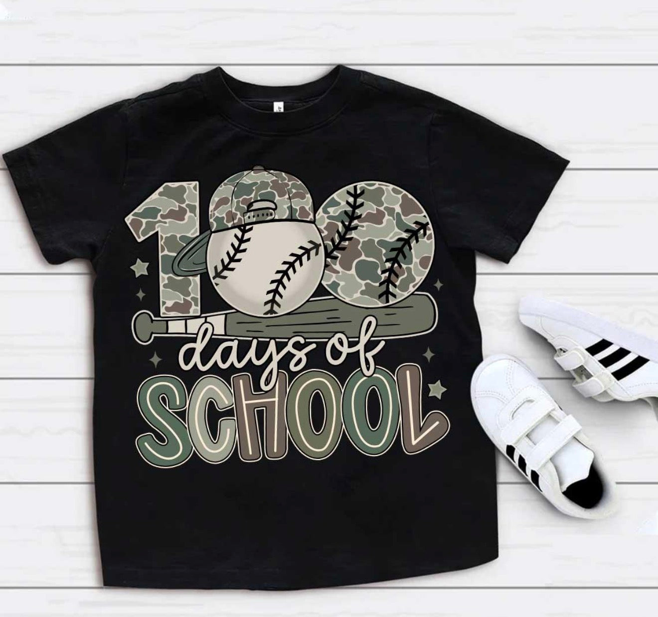 CAMO BASEBALL 100 DAYS OF SCHOOL- T SHIRT- (GILDAN/LAT)