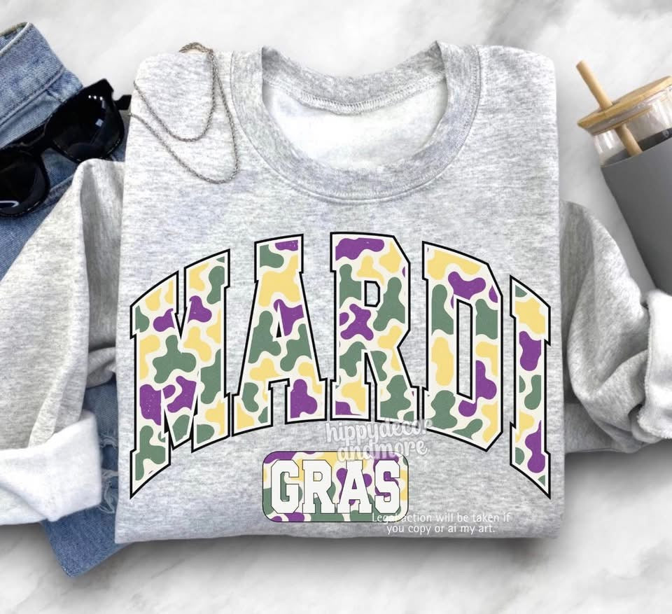 CAMO MARDI GRAS💜💚💛 - TSHIRT- (COMFORT COLOR/BELLA)