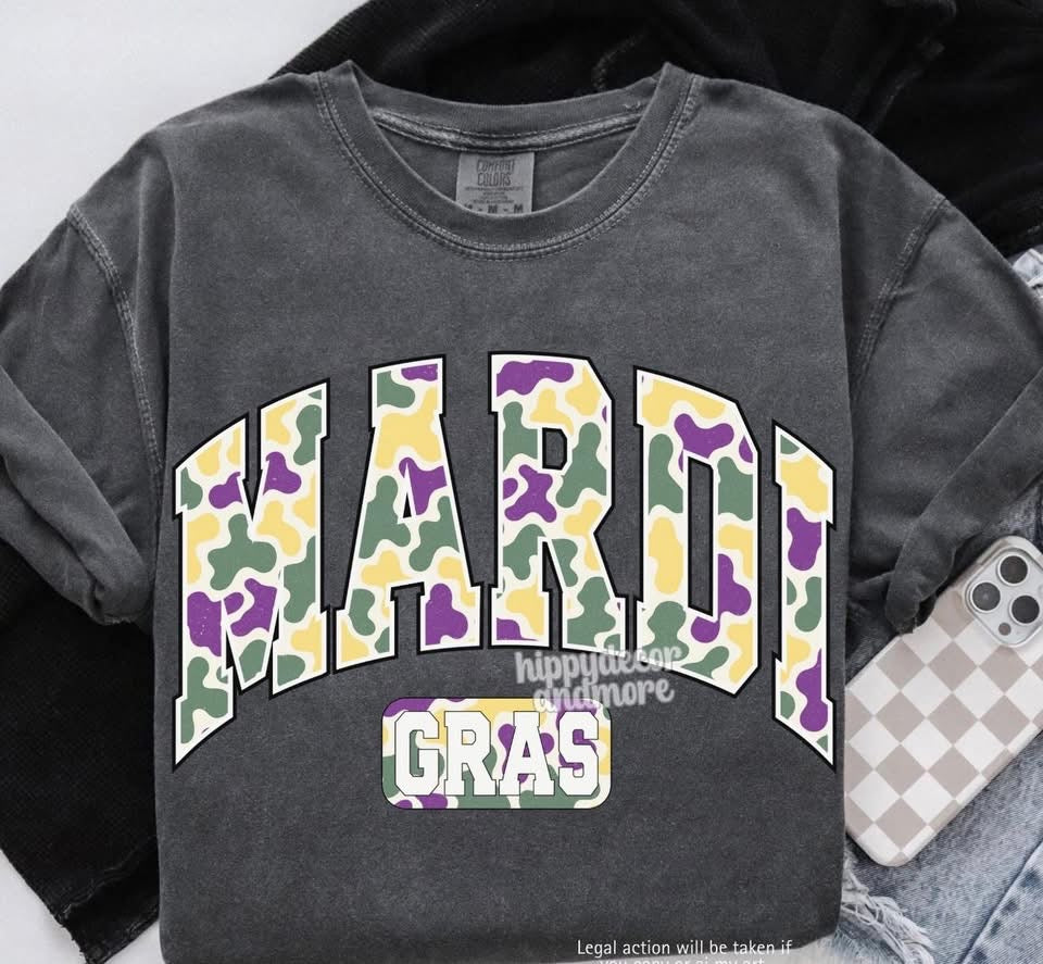 CAMO MARDI GRAS💜💚💛 - TSHIRT- (COMFORT COLOR/BELLA)