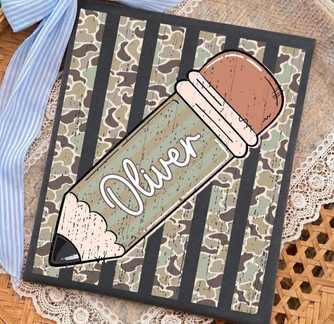 CAMO STRIPES PENCIL WITH NAME - T SHIRT- (GILDAN/ RABBIT SKINS)-061526LW
