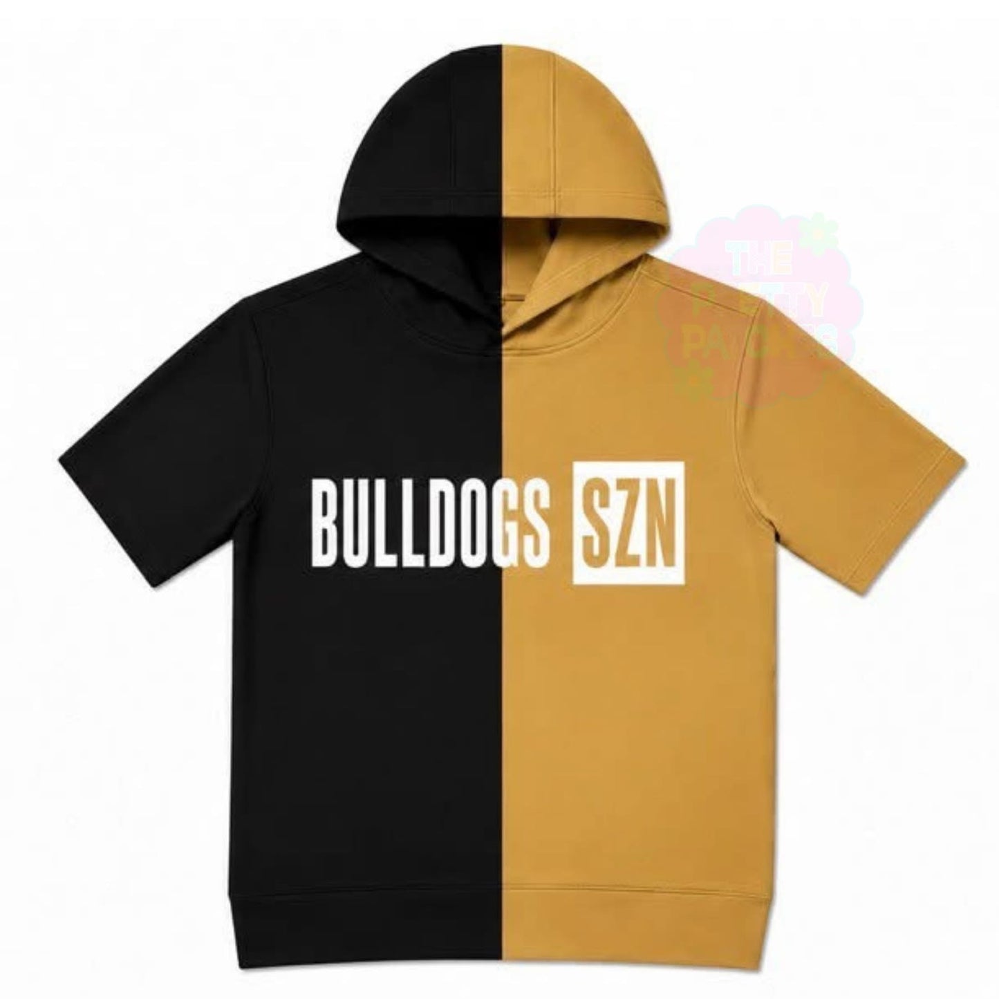 BULLDOGS SZN (WHITE FONT) SPLIT HOODIE BLACK & GOLD -ADULT - PREORDER (HAPPY DAYS) 071326LW