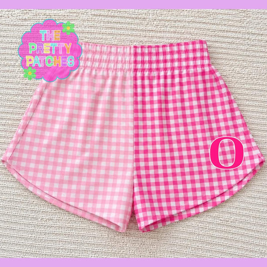 (HOT PINK O- ORANGEFIELD) HALF LIGHT PINK & WHITE GINGHAM & HALF HOT PINK & WHITE GINGHAM  (YOUTH GIRLS SHORTS) - (PRE ORDER) (HAPPY DAYS) 072726LW