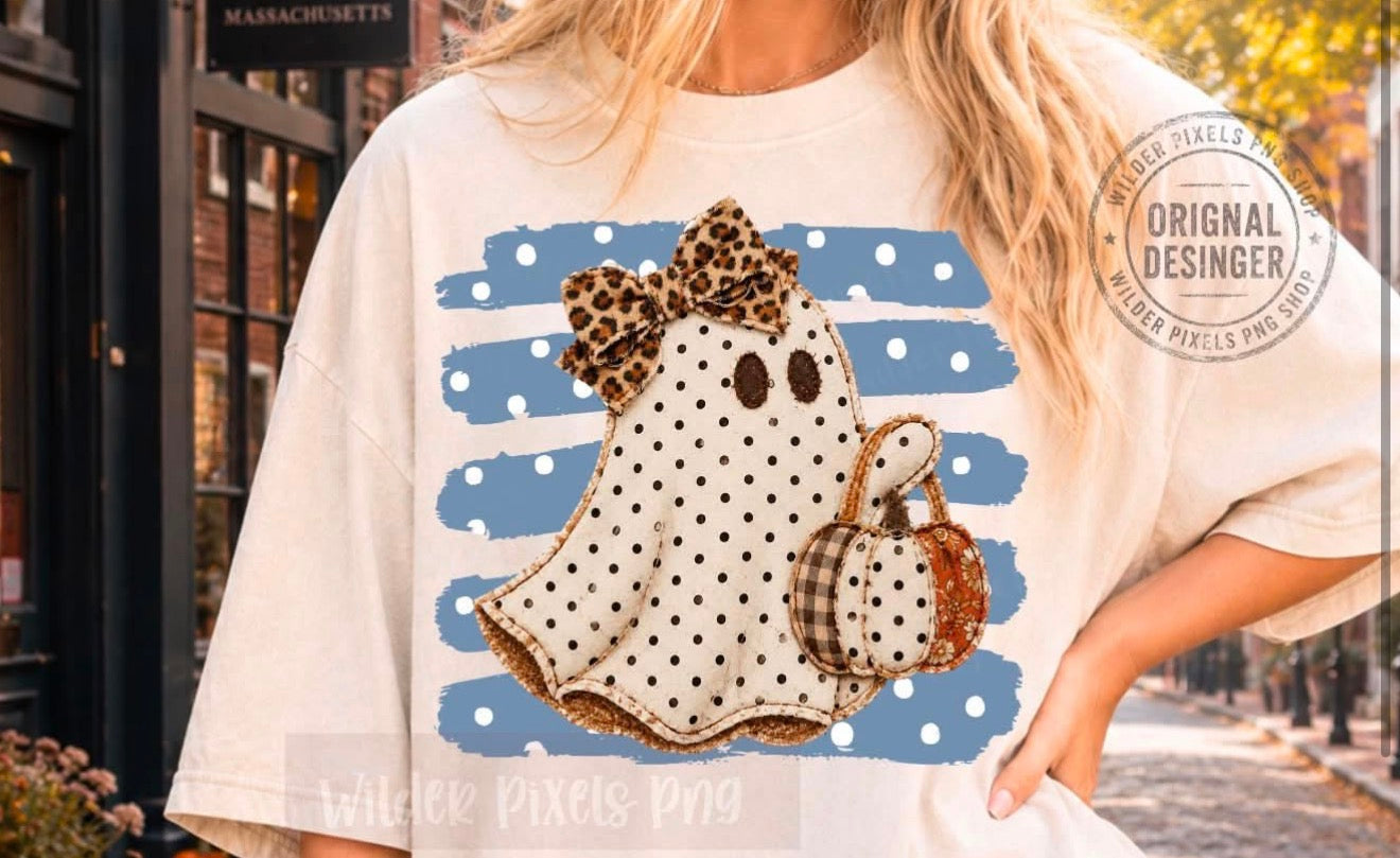 Polka Dot Ghost with Cheetah Bow & Stripes  - T-SHIRT - (COMFORT COLOR) 080326lw