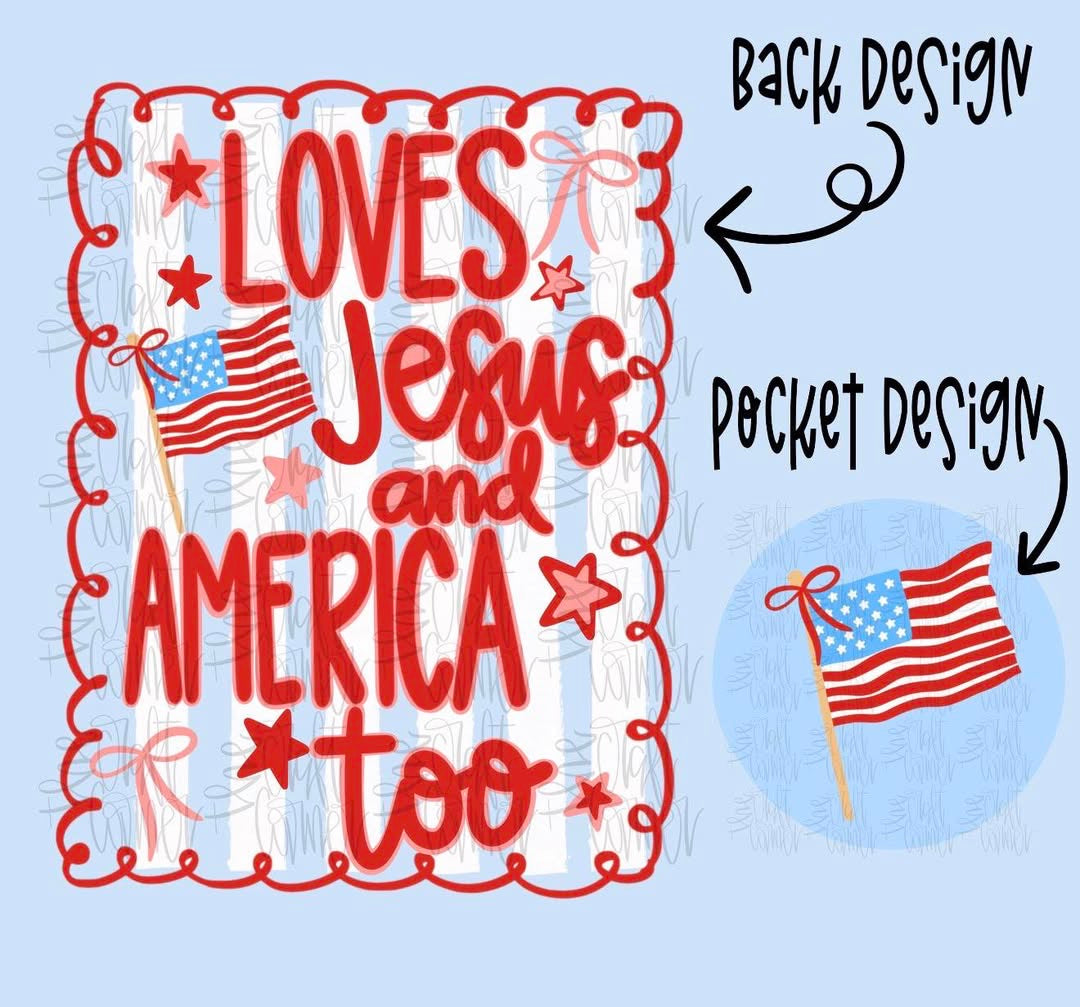 Loves Jesus & America Too ❤️💙-T SHIRT-(GILDAN/JERZEES) (POCKET & BACK DESIGN)