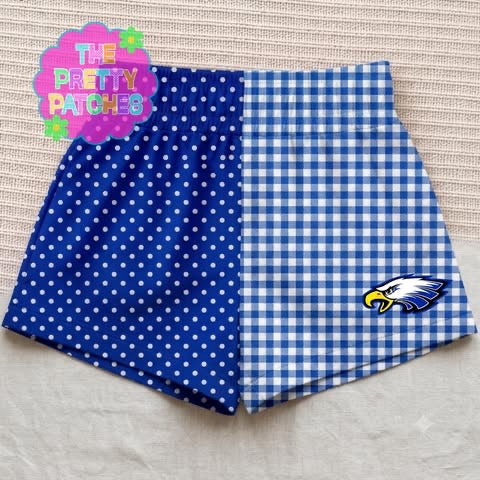 EAGLES MASCOT HALF BLUE & WHITE POLKS DOTS/ Half Blue & White GINGHAM  (YOUTH GIRLS SHORTS) - PRE ORDER- COZY O 072726LW
