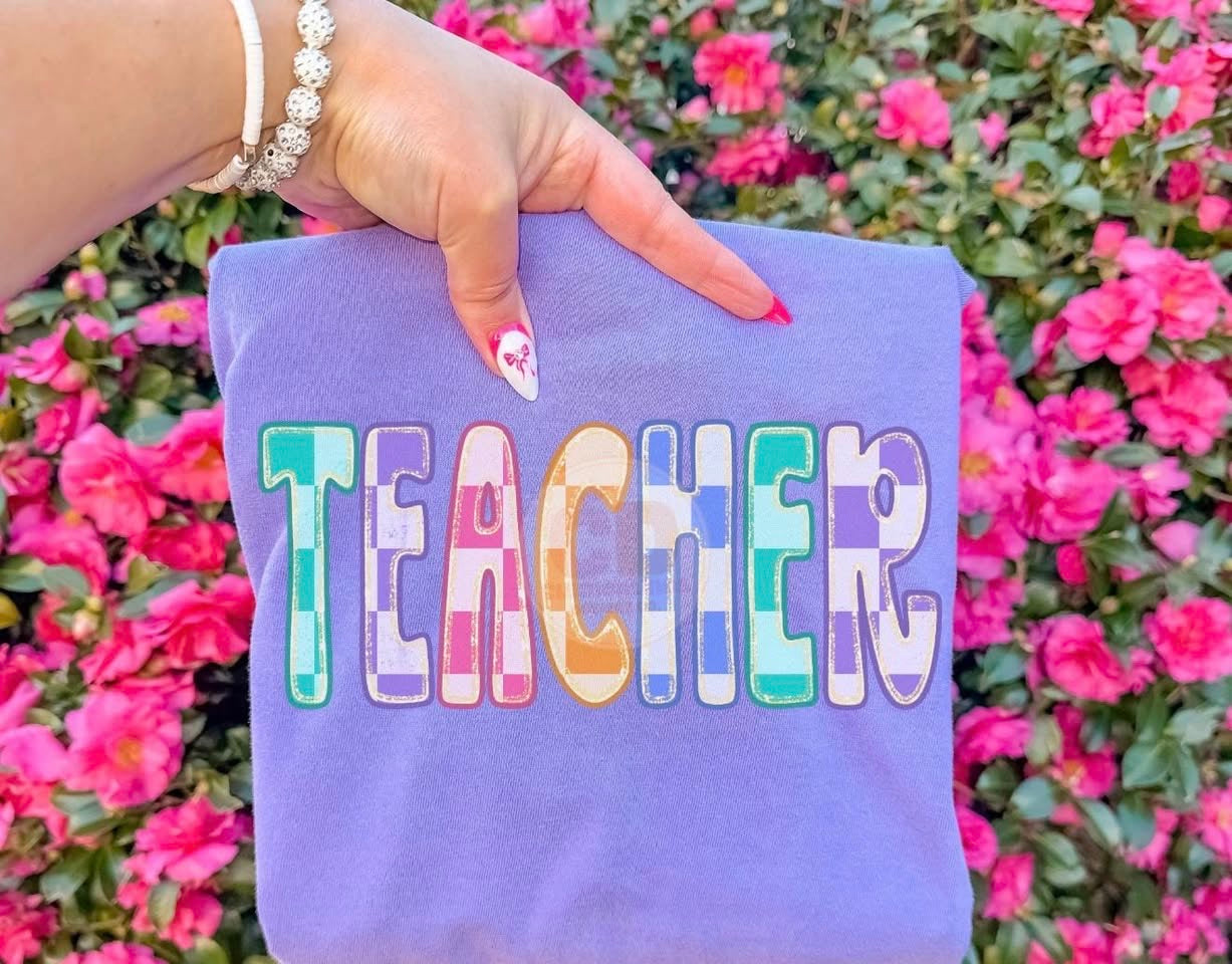 Checkered Glitter Teacher 🧡  - T-SHIRT - (GILDAN/JERZEES)042426LW