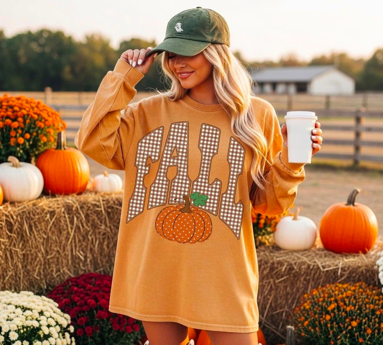 Gingham Fall with Pumpkin 🎃  -LONG SLEEVE- (COMFORT COLOR) 081226LW