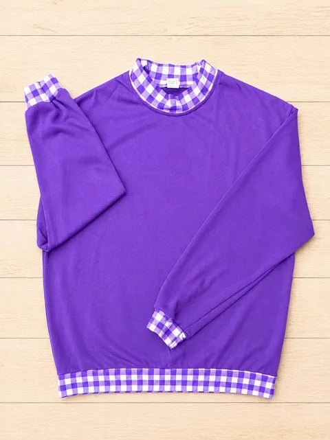 BLANK GAME DAY GINGHAM MOCKNECK SWEATSHIRTS- PURPLE BASE & PURPLE AND WHITE GINGHAM (IN STORE) 091926LW
