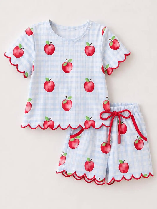 PRE ORDER- Back To School Apple Plaid Girls Scallop Trim Shorts set 060126LW