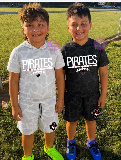 Camo Hooded Tees (PIKE COUNTY- PIRATE FOOTBALL) (VINTAGE BLACKOUT CAMO) -YOUTH - PREORDER (HAPPY DAYS) 071526LW