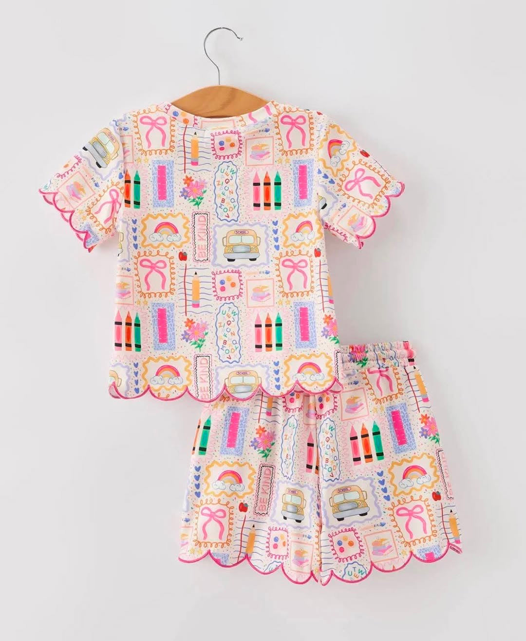 PRE ORDER- Back To School print girl short set scallop hem 060326LW