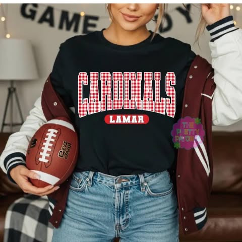 LAMAR CARDINALS GINGHAM- T SHIRT - (GILDAN/JERZEES)-060326LW
