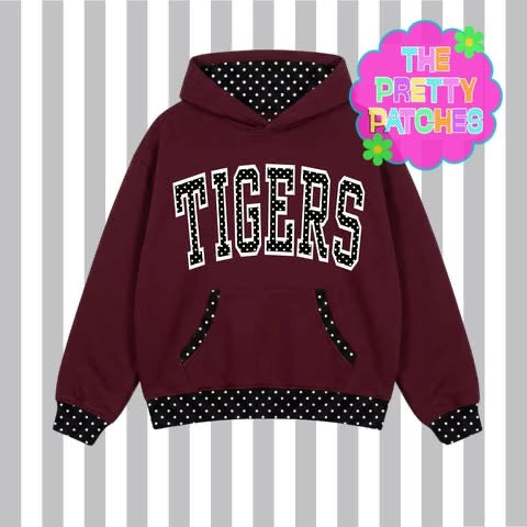 POLKA DOT TIGERS HOODIE- (MAROON BASE/ BLACK AND WHITE POLKA DOT BORDER) - YOUTH-  PREORDER 071726LW