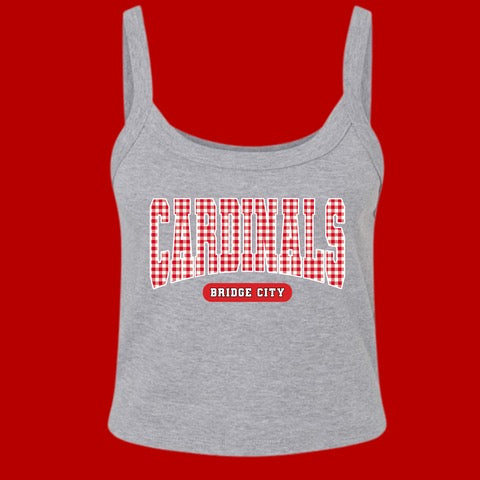 SCHOOL CROP TANKS 💖💖💖 BRIDGE CITY CARDINAL /RED & WHITE GINGHAM- Micro Rib Spaghetti Strap Tank - (BELLA/CANVAS) 071726LW