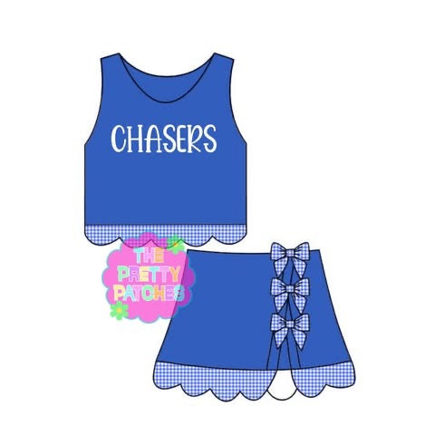 CHASERS GINGHAM SCALLOP ATHLETIC SKORT SET- ROYAL BLUE BASE & BLUE AND WHITE GINGHAM-(PREORDER) 071926LW