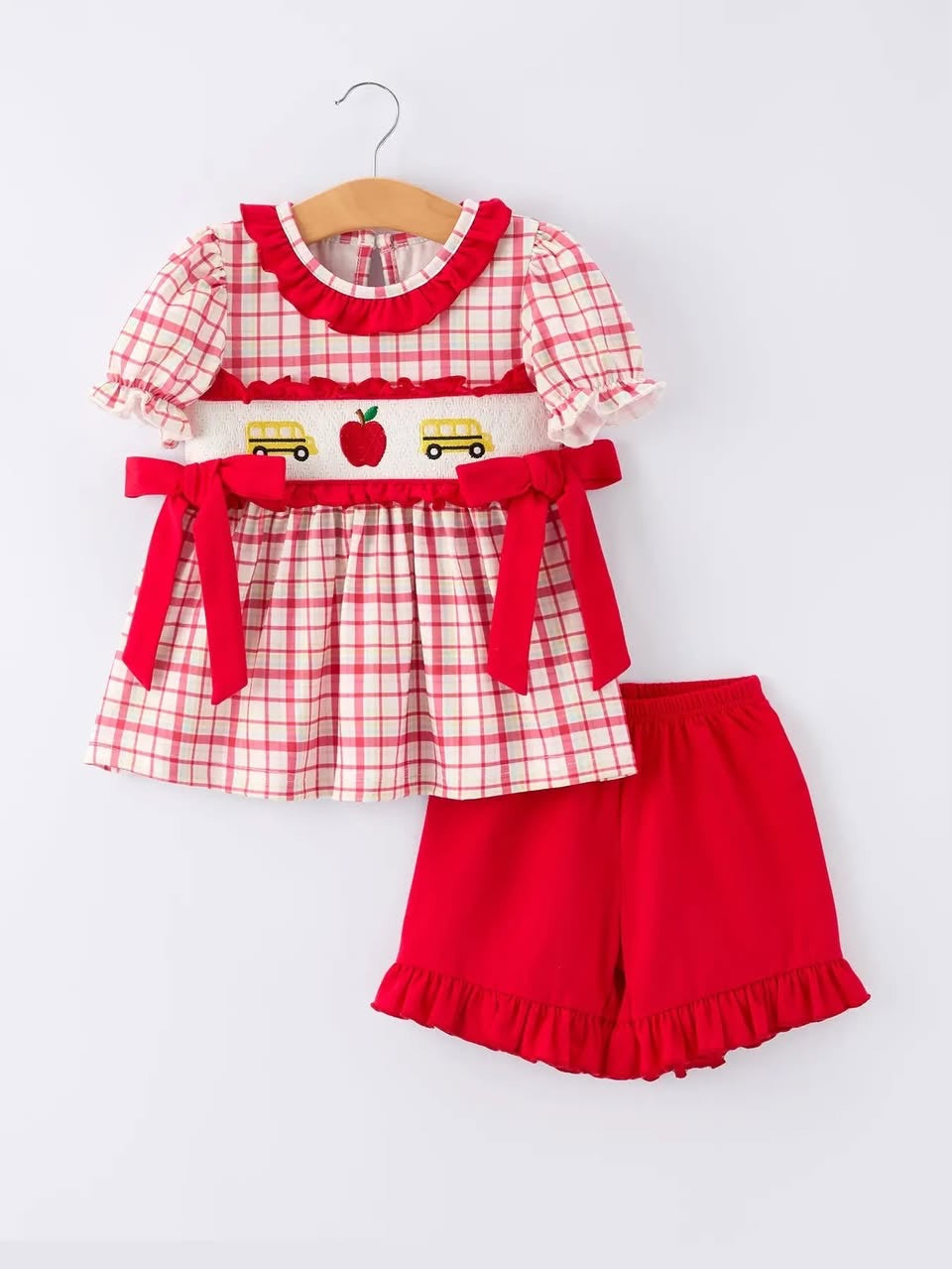 PRE ORDER- Back To School School Bus Embroidery Plaid Girls Set Ruffle Bow 060926LW