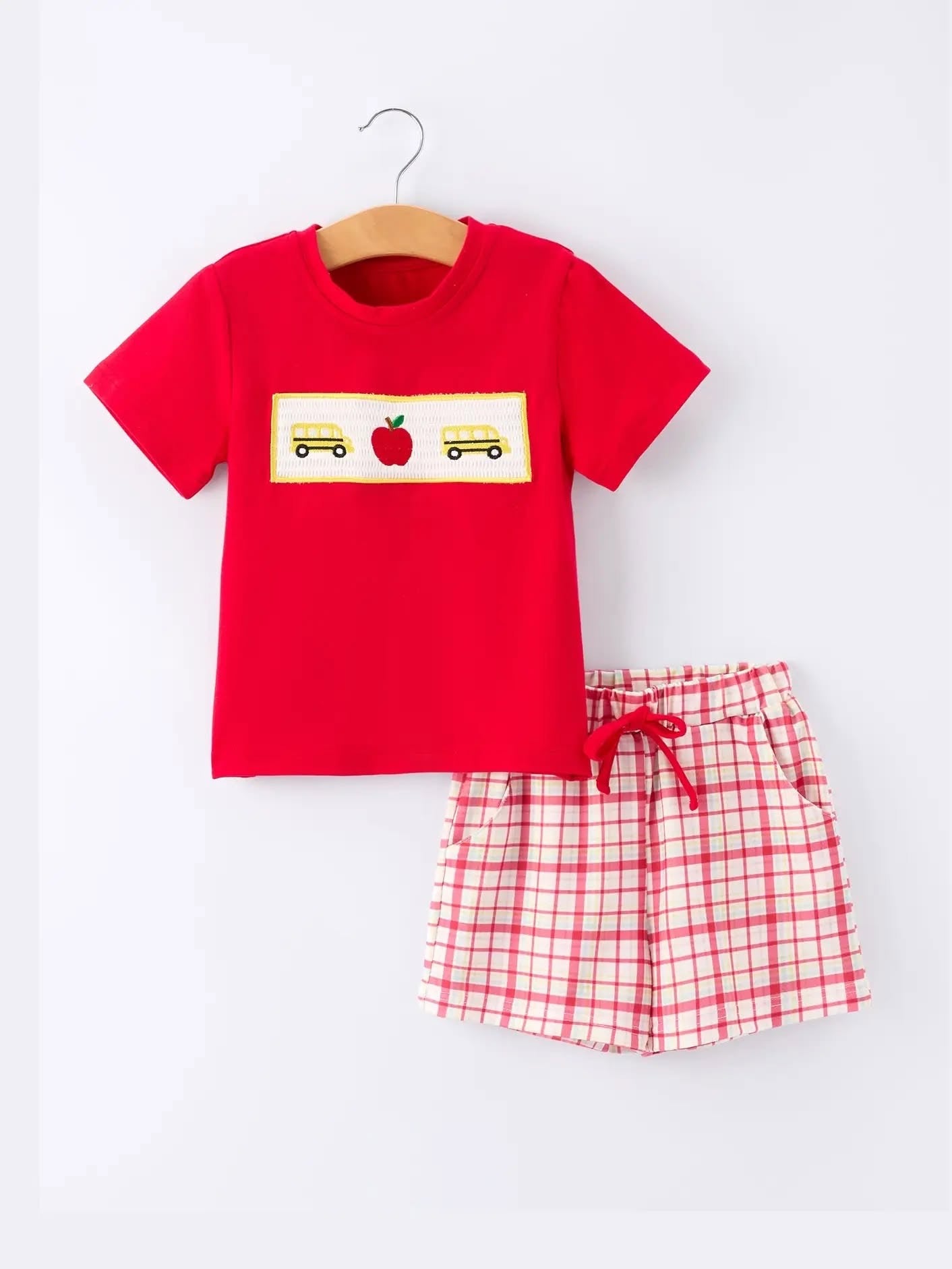 PRE ORDER- Back To School School Bus Boys Set Red Plaid Shorts 060926LW