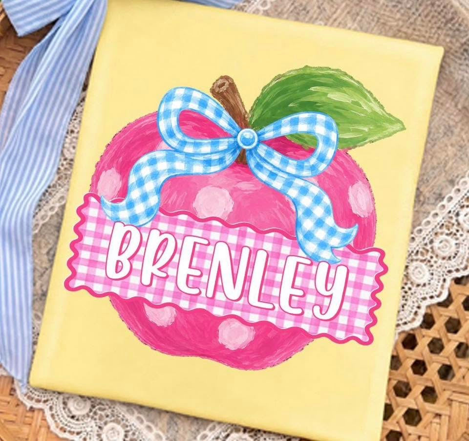 Girly Gingham Bow Apple with Name  - T SHIRT - (GILDAN/JEREEZ/LAT)- 060926LW