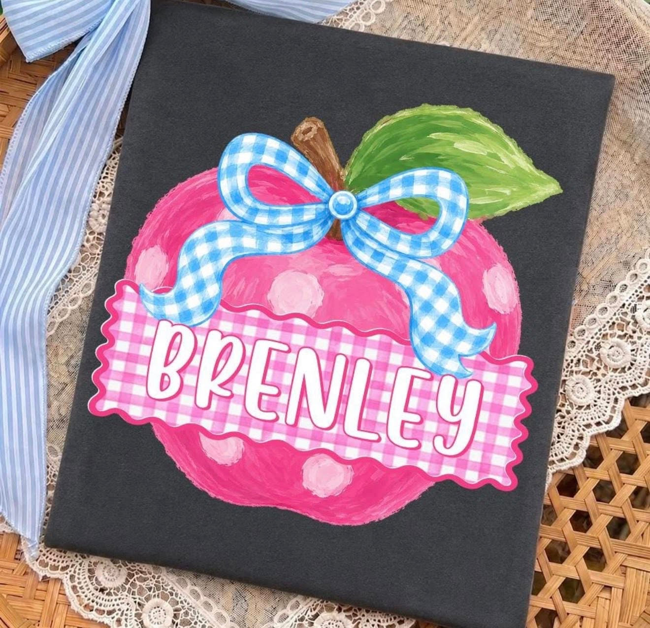 Girly Gingham Bow Apple with Name  - T SHIRT - (GILDAN/JEREEZ/LAT)- 060926LW
