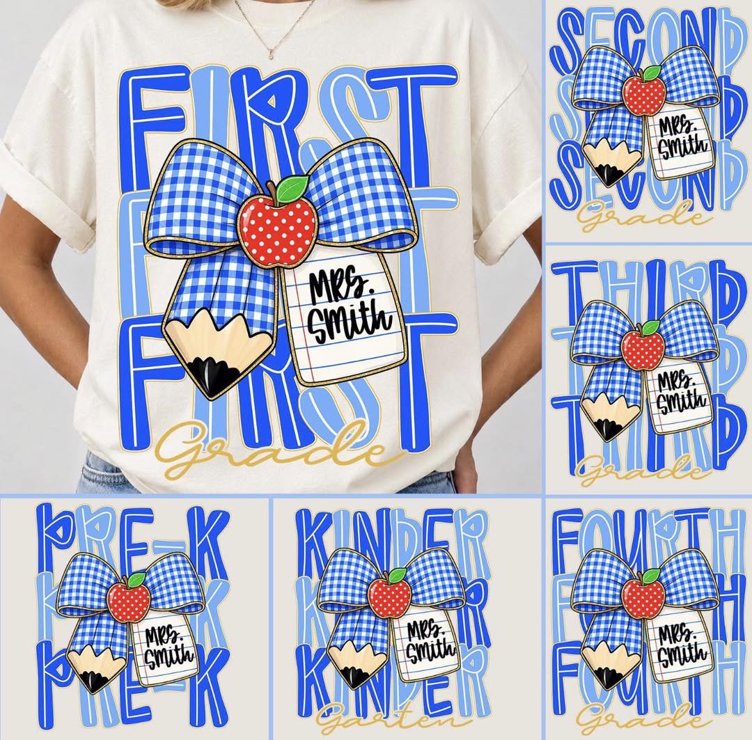 Blue Grade with Name & Gingham Bow  - T SHIRT - (COMFORT COLOR/BELA)-061726LW