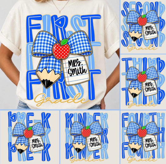 Blue Grade with Name & Gingham Bow  - SWEATSHIRT - (GILDAN)-061826LW