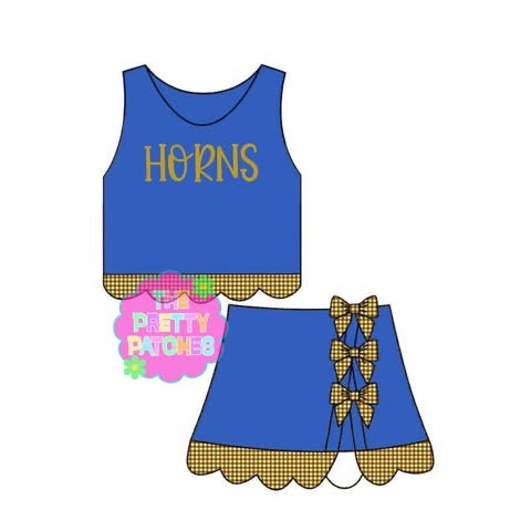 HORNS GINGHAM SCALLOP ATHLETIC SKORT SET- ROYAL BLUE BASE & GOLD AND WHITE GINGHAM-(PREORDER) 072226LW