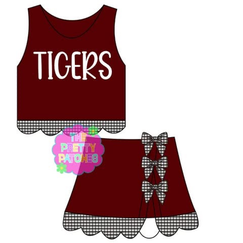 TIGERS GINGHAM SCALLOP ATHLETIC SKORT SET- MAROON BASE W BLACK AND WHITE GINGHAM-(PREORDER) 072226LW