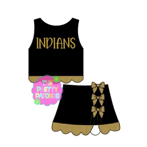 INDIANS GINGHAM SCALLOP ATHLETIC SKORT SET- BLACK BASE W GOLD AND WHITE GINGHAM (GOLD STITCHING) -(PREORDER) 072226LW