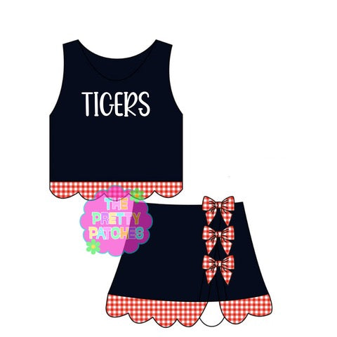 TIGERS GINGHAM SCALLOP ATHLETIC SKORT SET - BLACK BASE & RED AND WHITE GINGHAM- WHITE STITCHING  (PREORDER)072326LW