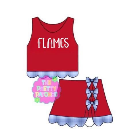 FLAMES GINGHAM SCALLOP ATHLETIC SKORT SET - RED BASE & BLUE AND WHITE GINGHAM- WHITE STITCHING  (PREORDER)072326LW