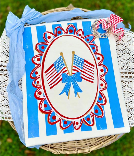 STRIPES & FLAGS WITH BOW ❤️🤍💙- BOXY TEE  - (COMFORT COLOR/BELLA)
