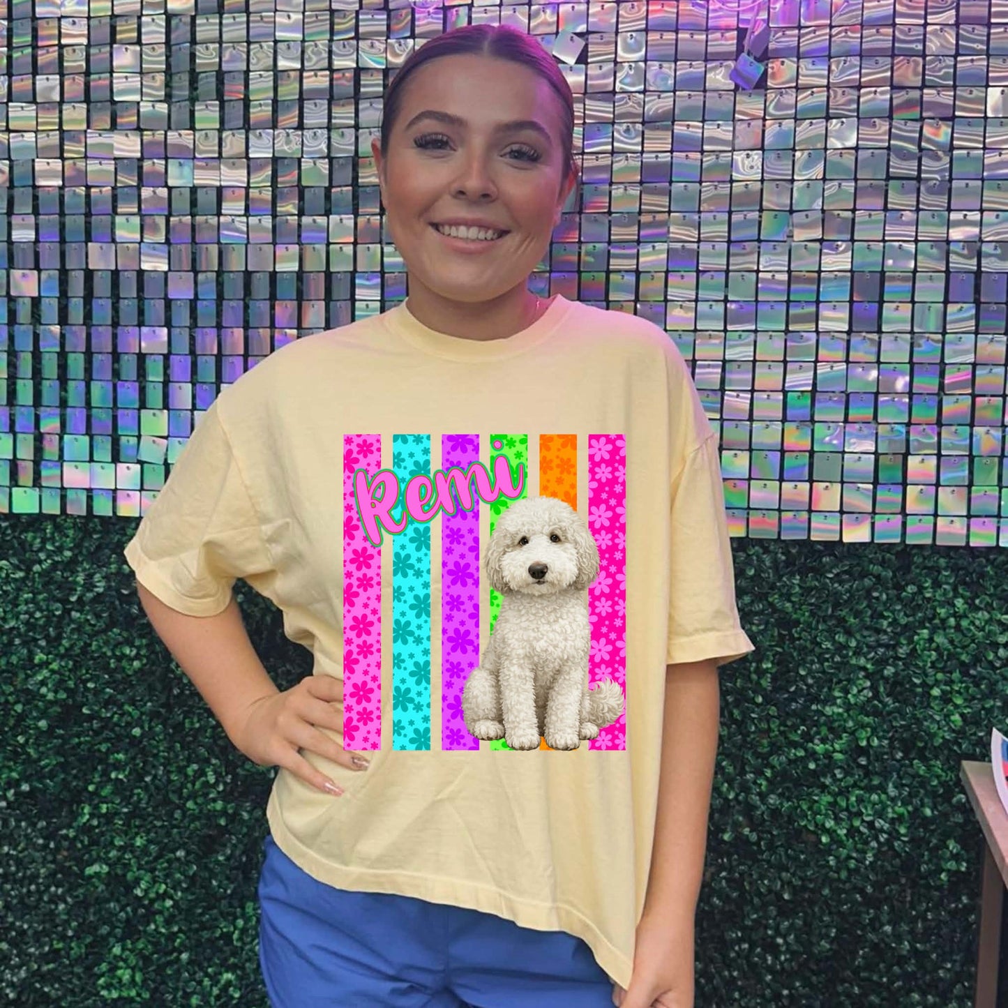 REMI BCE THERAPY DOG RAINBOW STRIPS - T SHIRT - (COMFORT COLOR/BELLA) 04.10.26LW