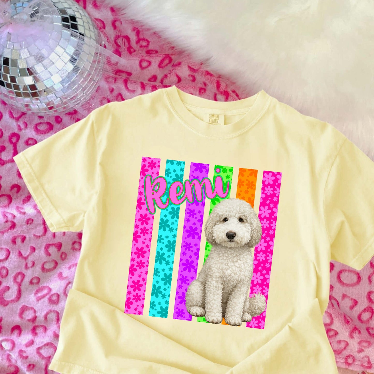 REMI BCE THERAPY DOG RAINBOW STRIPS - T SHIRT - (COMFORT COLOR/BELLA) 04.10.26LW