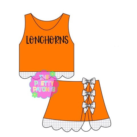 LONGHORNS (BLACK STITCHING) GINGHAM SCALLOP ATHLETIC SKORT SET- ORANGE BASE W WHITE & GREY GINGHAM -(PREORDER) 072726LW