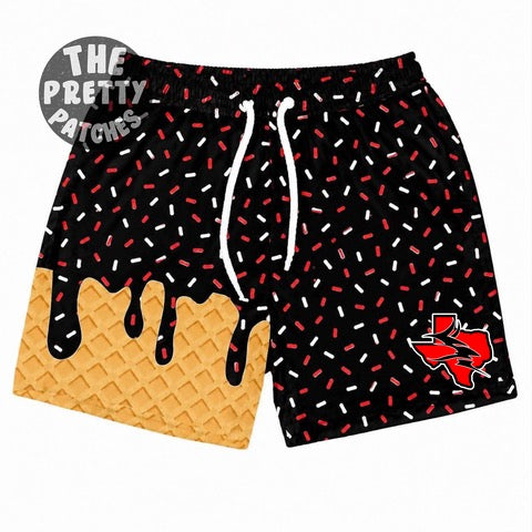 Drip Shorts (HUNTINGTON RED DEVILS) (BLACK shorts)- (red and white sprinkles)  (YOUTH) - PRE ORDER 080526LW