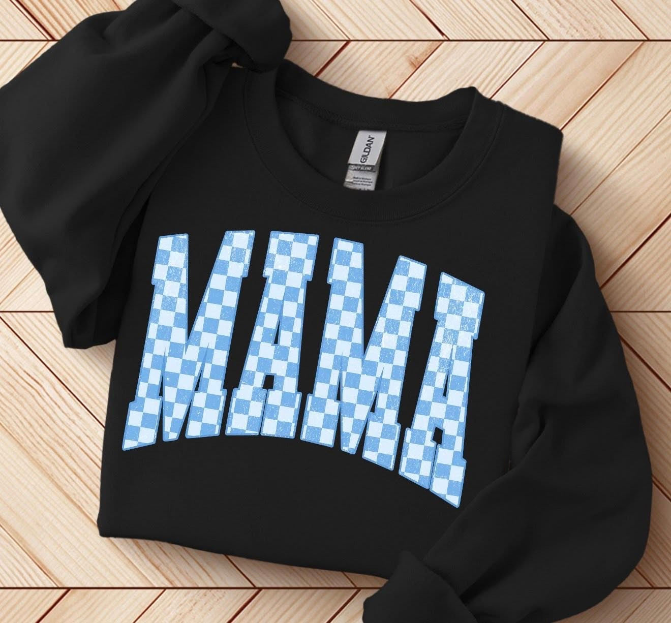 Blue Distressed Checkered Mama 💙 - SWEATSHIRT (GILDAN/JERZEE)