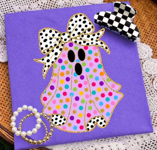 Polka Dot Ghost with Bow & Glitter 👻  BOXY TEE- (COMFORT COLOR) 090126BR
