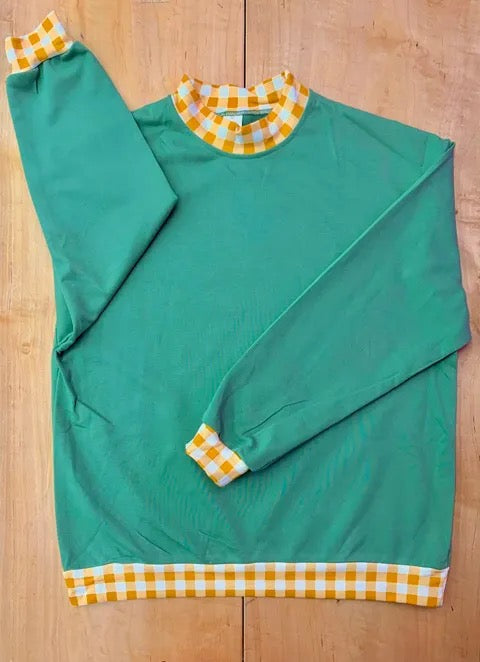 BLANK GAME DAY GINGHAM MOCKNECK SWEATSHIRTS- DARK GREEN BASE & YELLOW AND WHITE GINGHAM (IN STORE) 091926LW