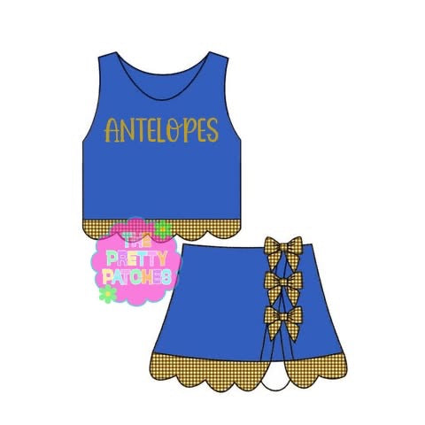 ANTELOPES GINGHAM SCALLOP ATHLETIC SKORT SET- ROYAL BLUE BASE W GOLD AND WHITE GINGHAM-(PREORDER) 072126LW