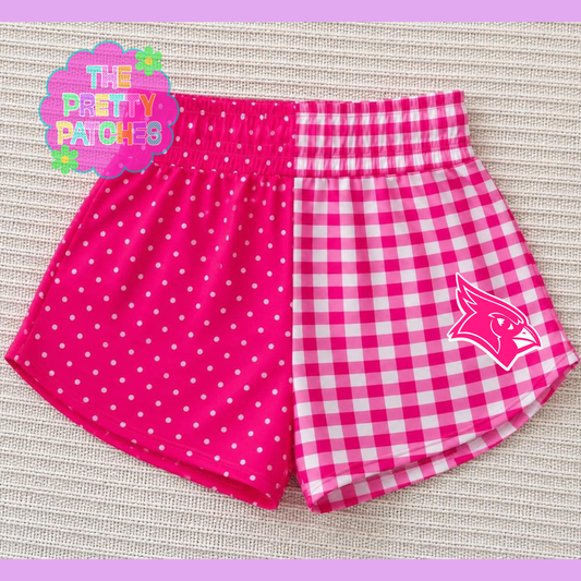 (CARDINAL HEAD-BRIDGE CITY ) HALF LIGHT PINK & WHITE GINGHAM & HALF HOT PINK & WHITE POLKA DOT  (YOUTH GIRLS SHORTS) - (PRE ORDER) (HAPPY DAYS) 073126BR