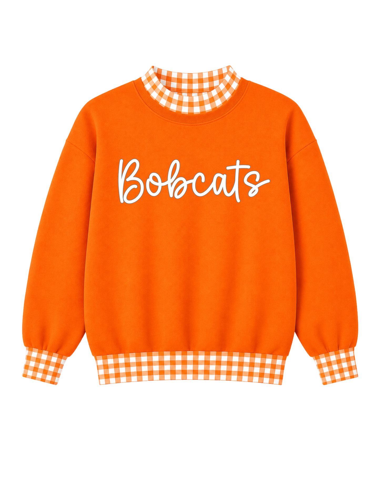 GAME DAY GINGHAM MOCKNECK SWEATSHIRTS- ORANGE BASE WITH ORANGE AND WHITE GINGHAM- CURSIVE BOBCATS (WHITE AND GREY FONT)  (PREORDER) 062626LW