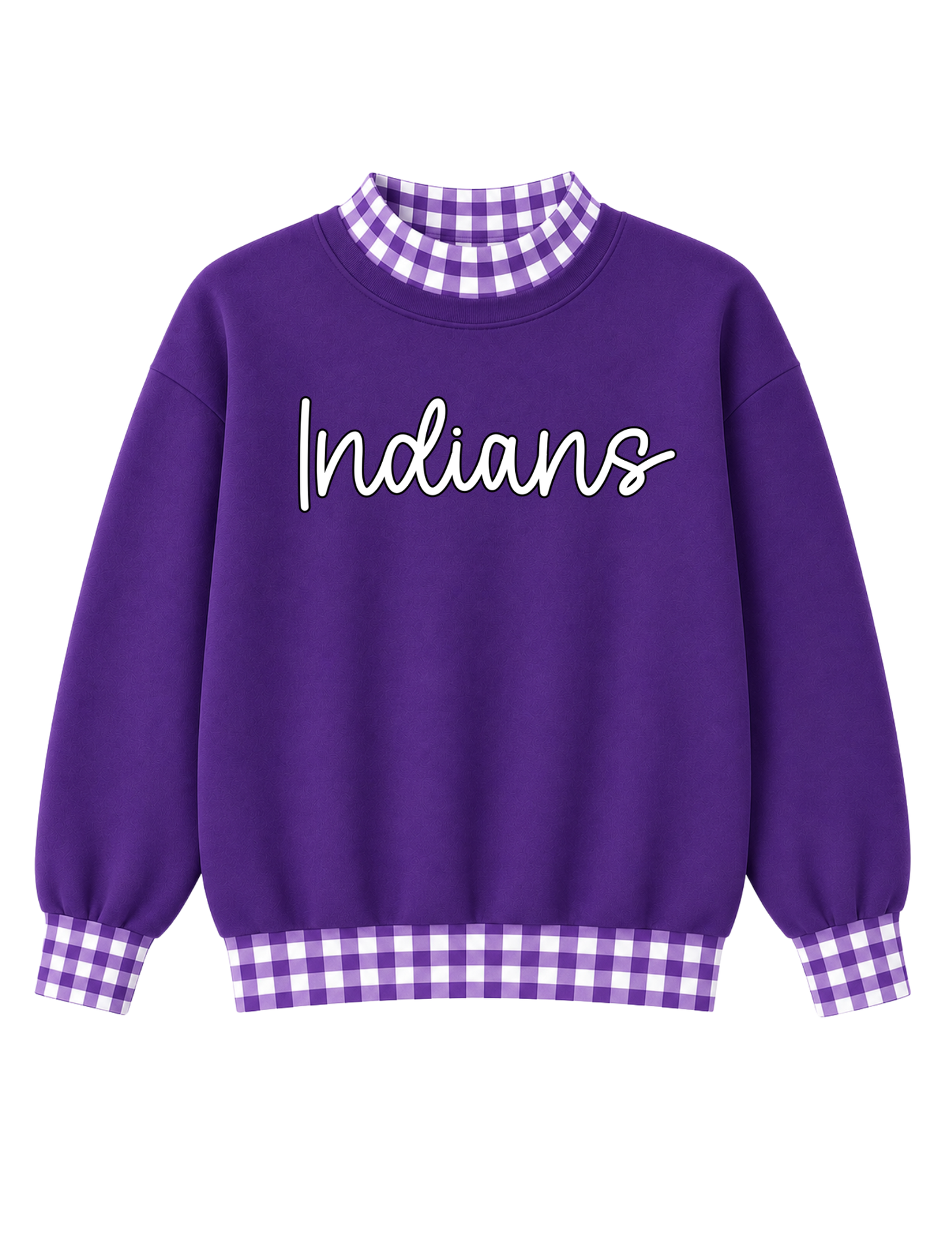GAME DAY GINGHAM MOCKNECK SWEATSHIRTS- PURPLE BASE & PURPLE AND WHITE GINGHAM- CURSIVE INDIANS (WHITE AND BLACK FONT)  (PREORDER) 062626LW