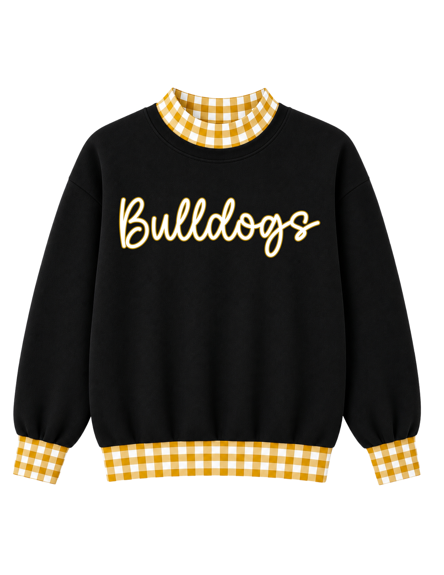 GAME DAY GINGHAM MOCKNECK SWEATSHIRTS- BLACK BASE WITH GOLD AND WHITE GINGHAM- CURSIVE BULLDOGS ( WHITE & GOLD FONT )  (PREORDER) 062626LW (Copy)