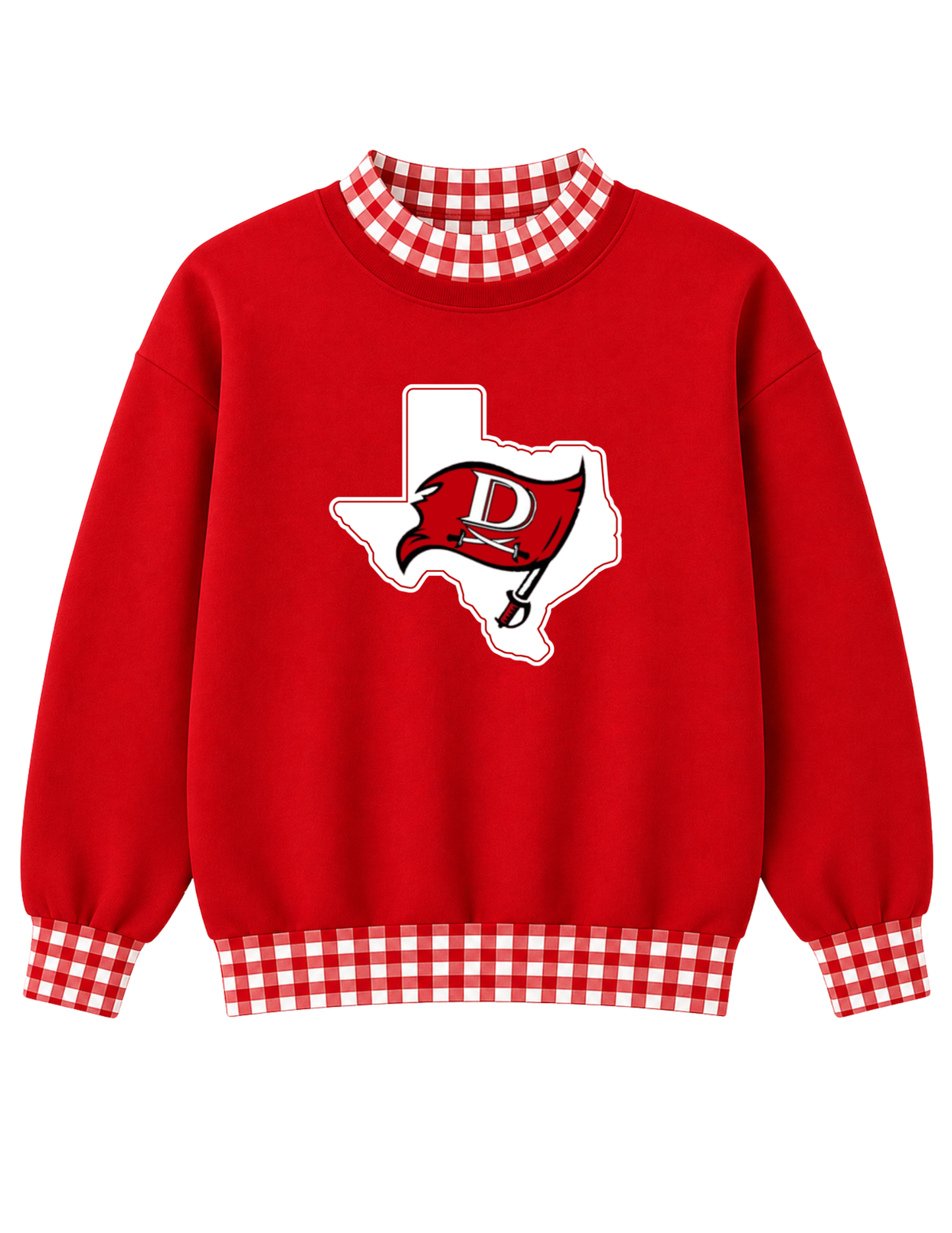 GAME DAY GINGHAM MOCKNECK SWEATSHIRTS- (RED BASE & RED AND WHITE GINGHAM - W TEXAS DEWEYVILLE FLAG LOGO )  (PREORDER) 062626LW