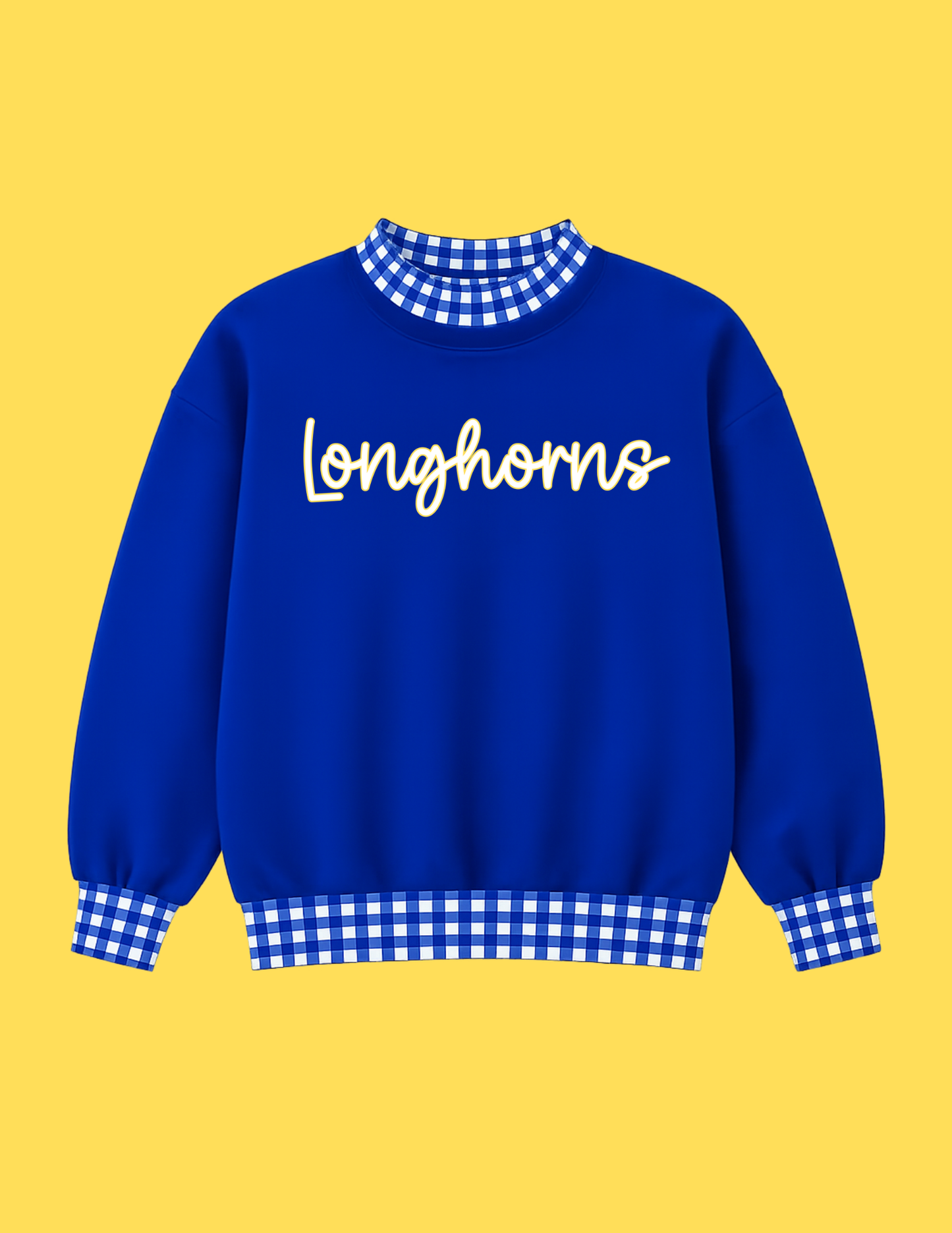 GAME DAY GINGHAM MOCKNECK SWEATSHIRTS- ROYAL BLUE BASE & ROYAL BLUE AND WHITE GINGHAM - CURSIVE LONGHORNS (WHITE AND YELLOW FONT)  (PREORDER) 062626LW
